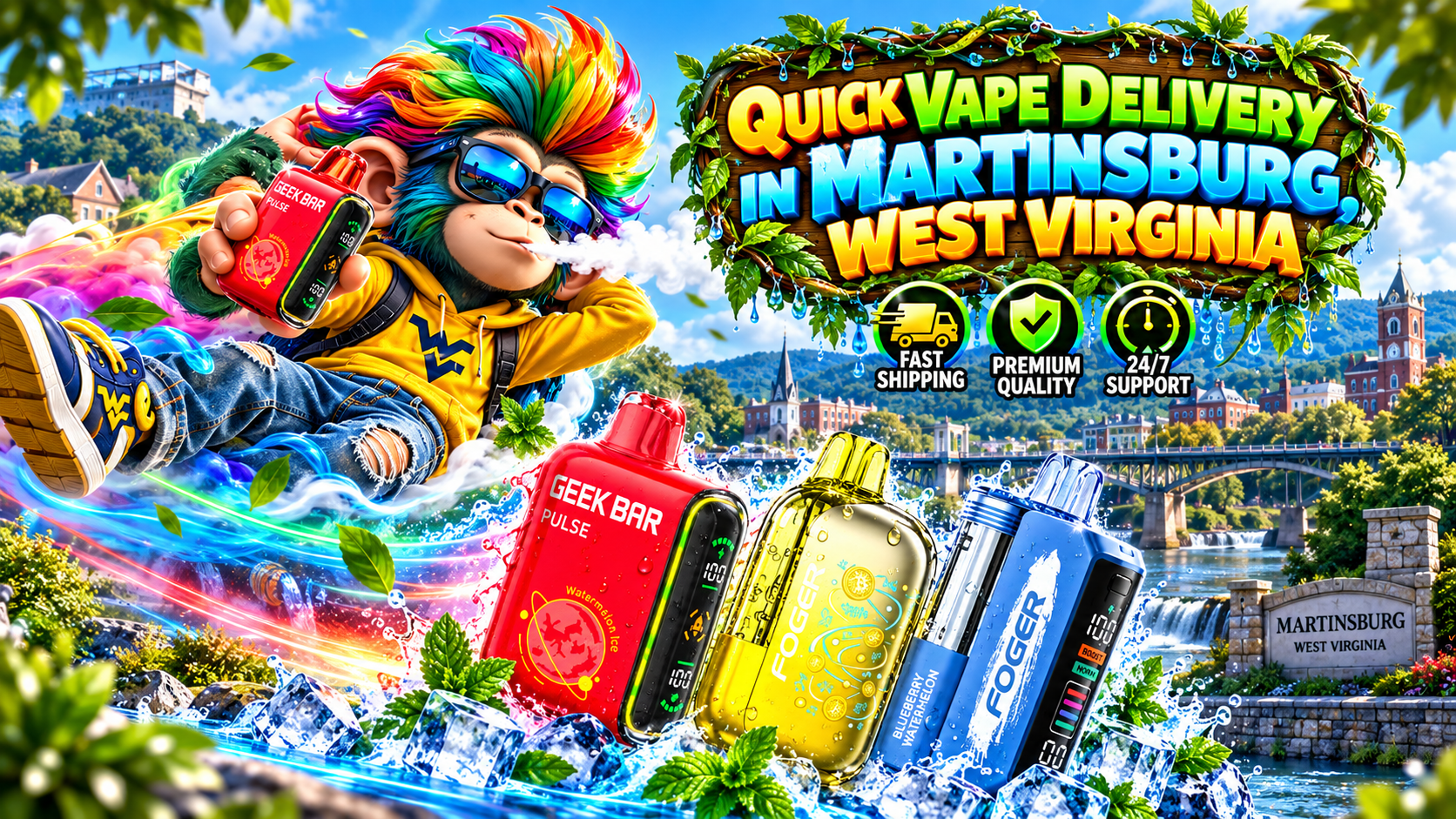 Colorful vape devices with water splashes and a vibrant Martinsburg cityscape in the background.