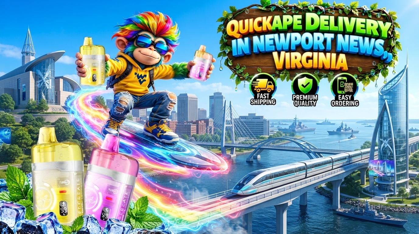 Colorful vape devices with glowing trails over a bright waterfront view of Newport News, Virginia.