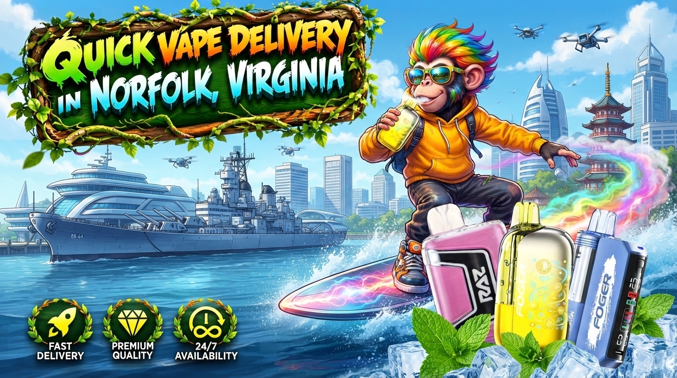 Colorful vape devices with icy accents and vivid energy trails across a sunny Norfolk, Virginia waterfront.
