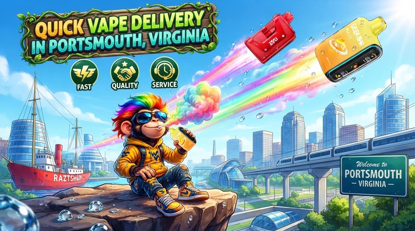 Bright vape devices with water droplets and colorful trails above a lively Portsmouth, Virginia cityscape.