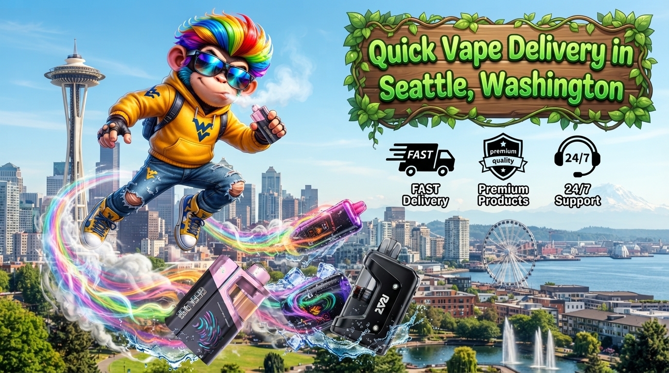 Quick Vape Delivery Scene in Seattle, Washington Dynamic Seattle scene with colorful devices, water splashes, bright trails, city skyline, and playful character.