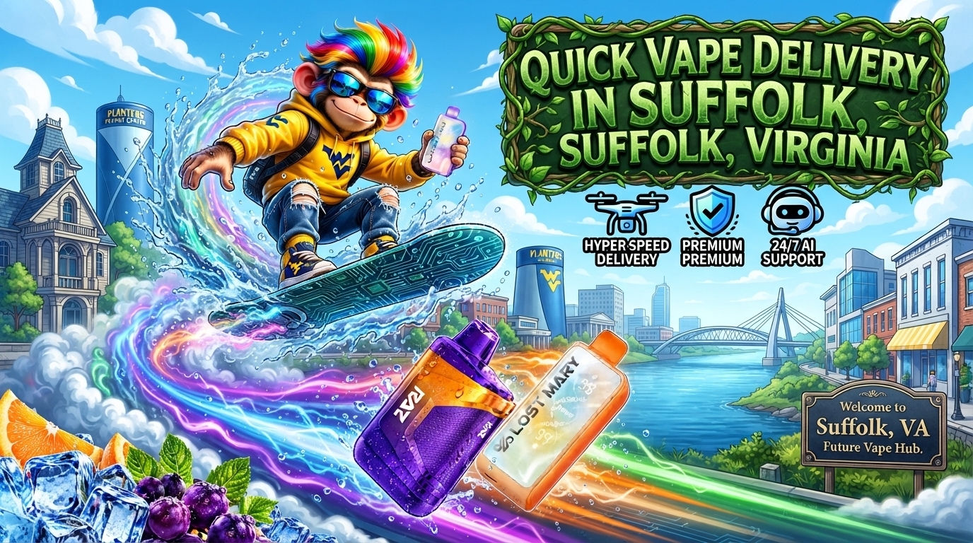 Quick Vape Delivery Scene in Suffolk, Virginia Two colorful vape devices with water droplets and glowing trails over a bright Suffolk, Virginia cityscape.
