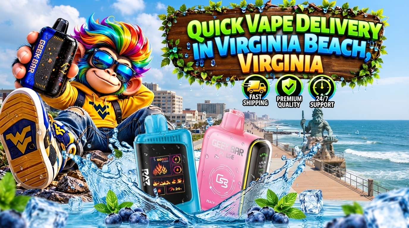 Quick Vape Delivery Scene in Virginia Beach, Virginia Colorful vape devices with water splashes against a sunny Virginia Beach oceanfront scene.