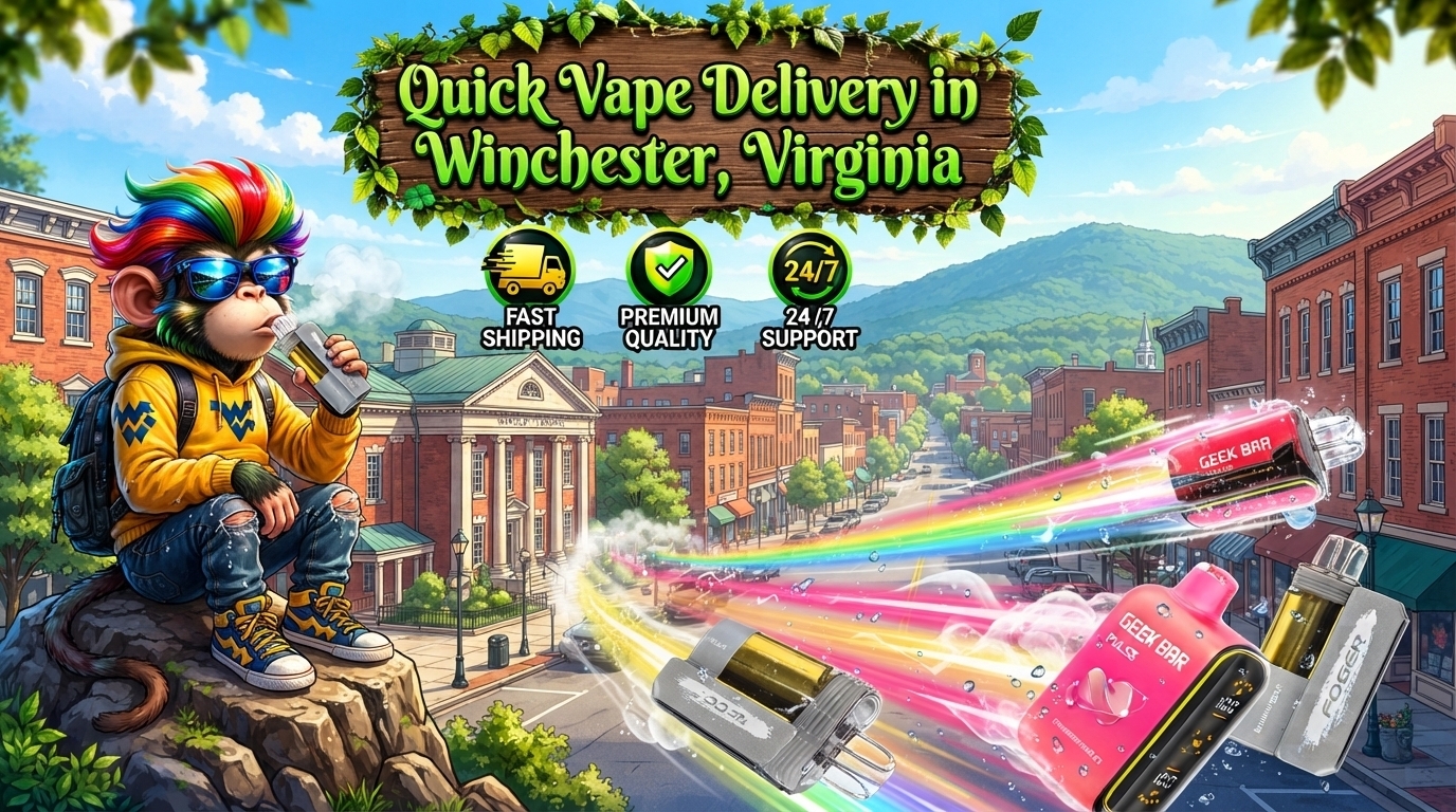 Colorful vape devices with bright energy trails across a scenic Winchester, Virginia downtown view.