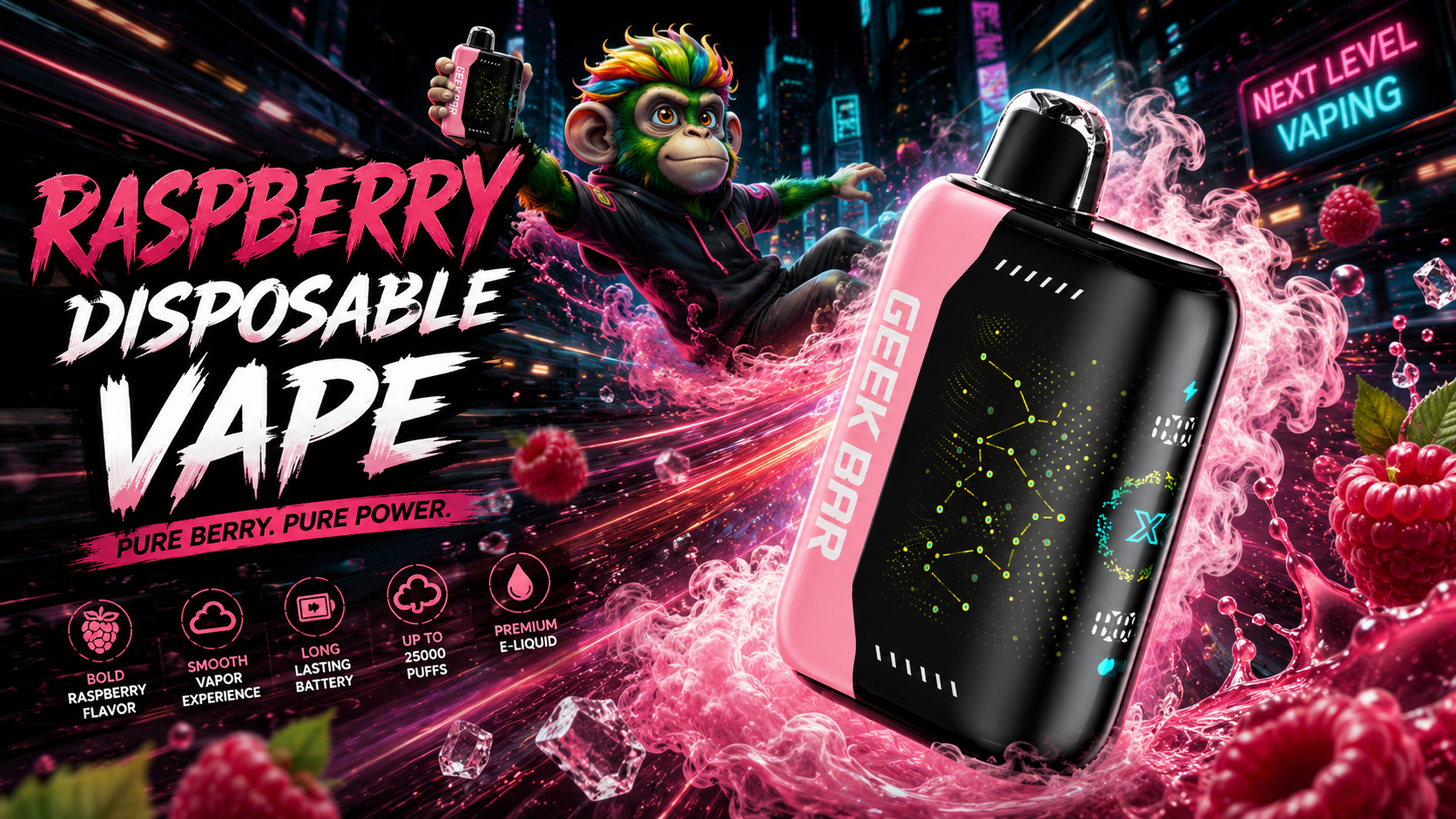 Raspberry Disposable Vape The photo shows a vibrant neon‑styled advertisement featuring a raspberry‑flavored Geek Bar vape held by a colorful cartoon monkey, surrounded by raspberries, ice cubes, and pink vapor clouds against a futuristic cityscape.