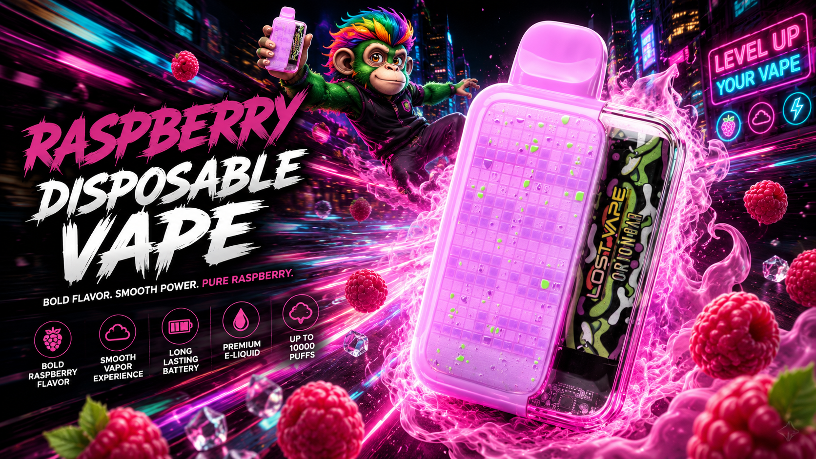 Raspberry Disposable Vape The photo shows a neon‑lit, futuristic cityscape where a rainbow‑haired cartoon monkey holds a bright pink vape surrounded by glowing vapor trails and floating raspberries.