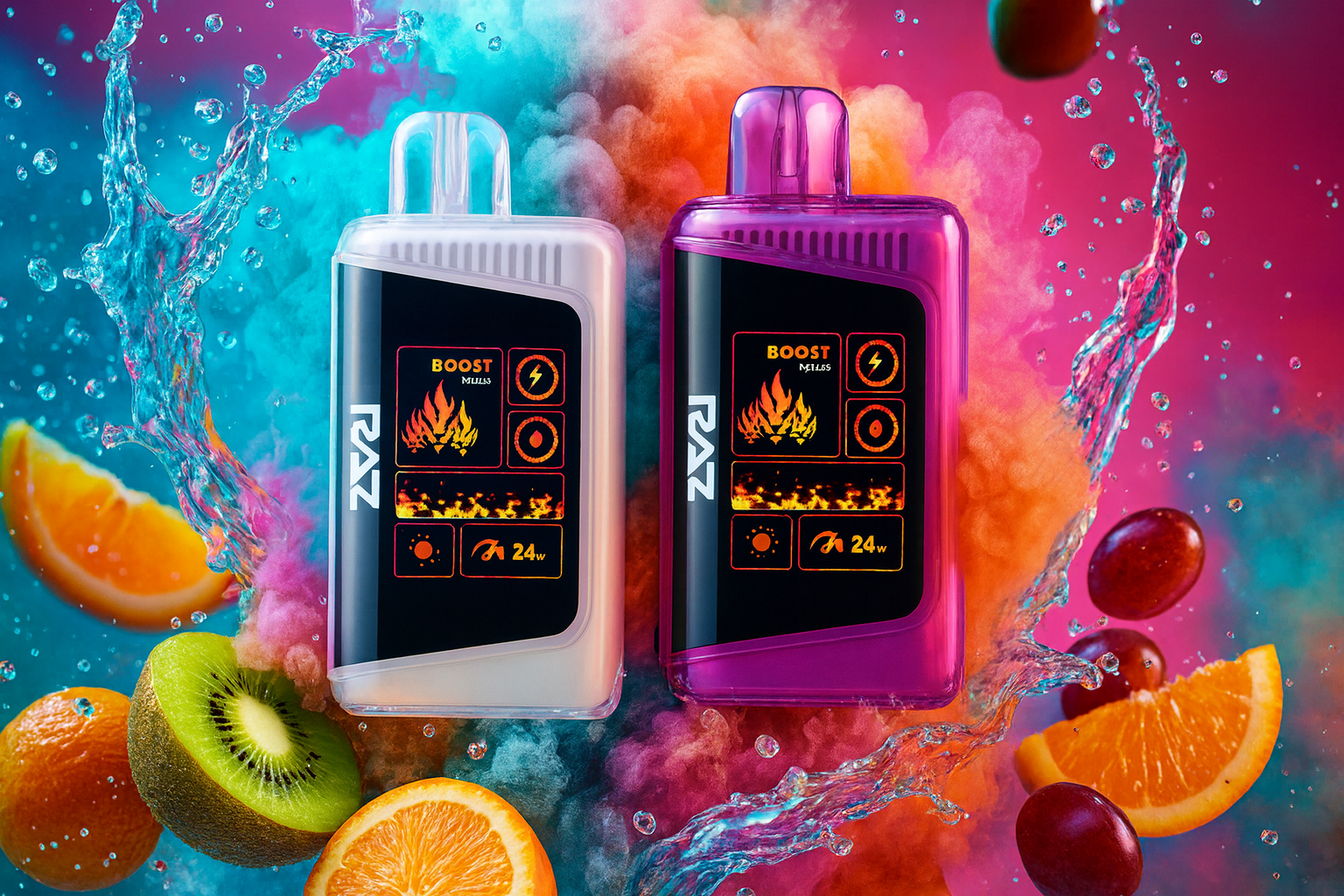 Glacial Heat: Geek Bar Pulse X & Pulse Minty Berry Splash A high-energy promotional graphic featuring two premium disposable vapes: a metallic bronze Pulse X and a turquoise Geek Bar Pulse in "PepperMintz" flavor. The devices are positioned atop sharp, crystalline ice shards, surrounded by a dynamic splash of water. Fresh raspberries, blackberries, and cherries are frozen in mid-air around the vapes, highlighting a cool and fruity flavor profile. The background features a striking contrast of fiery orange and cool cyan nebulae, creating a "fire and ice" aesthetic that emphasizes the intensity and refreshing nature of the products.