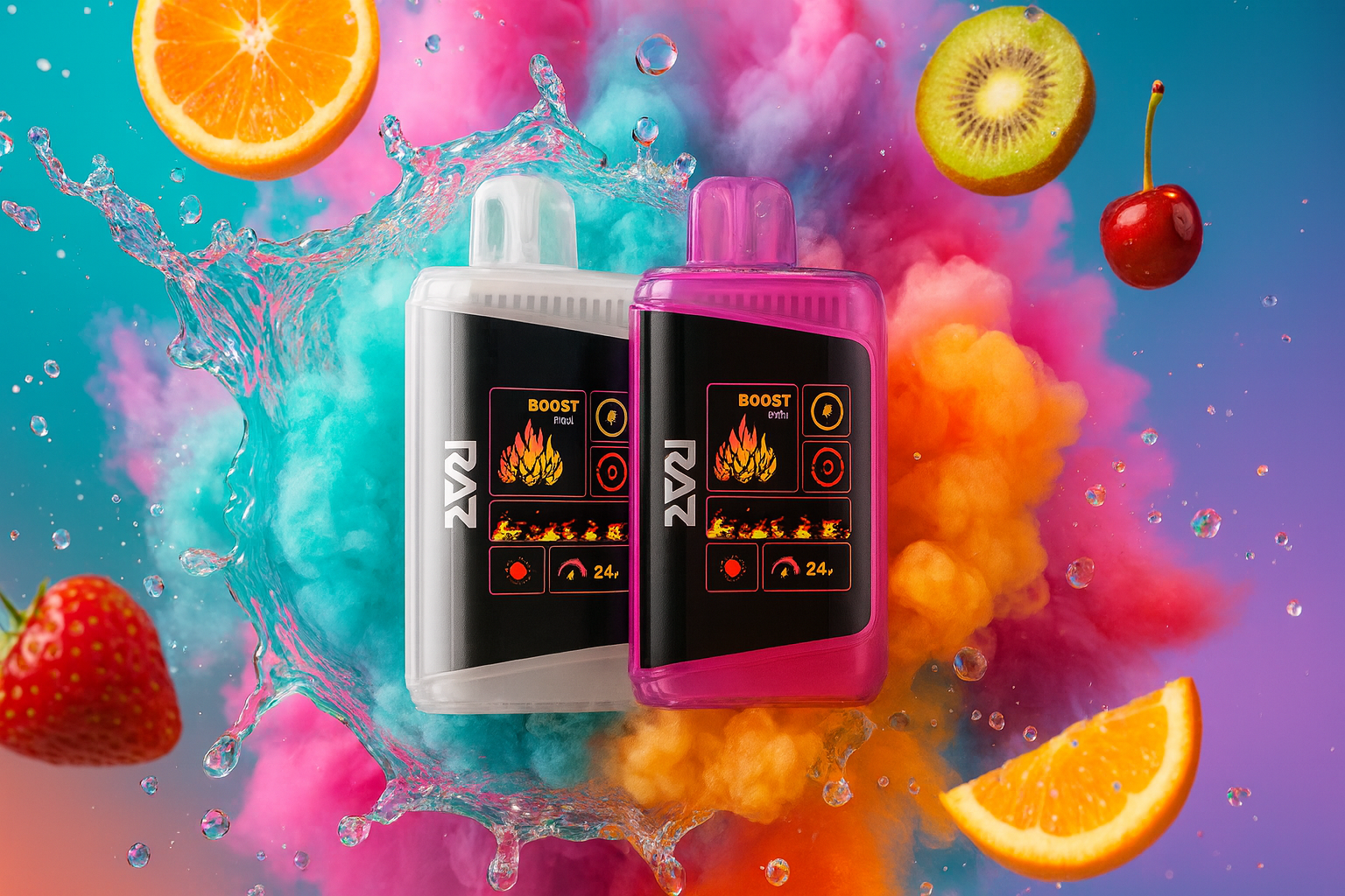 Arctic Surge: Geek Bar Pulse Series Berry & Mint Fusion A high-energy promotional visual featuring two disposable vapes: a bronze Pulse X and a turquoise Geek Bar Pulse (PepperMintz). The devices are positioned atop sharp, crystalline ice shards, surrounded by a dynamic splash of water. Fresh raspberries, blackberries, and cherries are captured in mid-air, emphasizing a cool and fruity flavor profile. The background features a striking contrast of fiery orange and cool cyan nebulae, creating a "fire and ice" aesthetic that highlights the intensity and refreshing nature of the products.