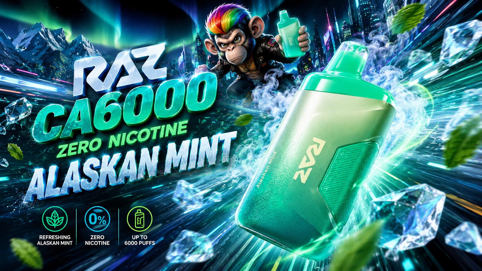 Green RAZ CA6000 vape device with Alaskan Mint flavor, shown with icy mountain and mint leaf accents
