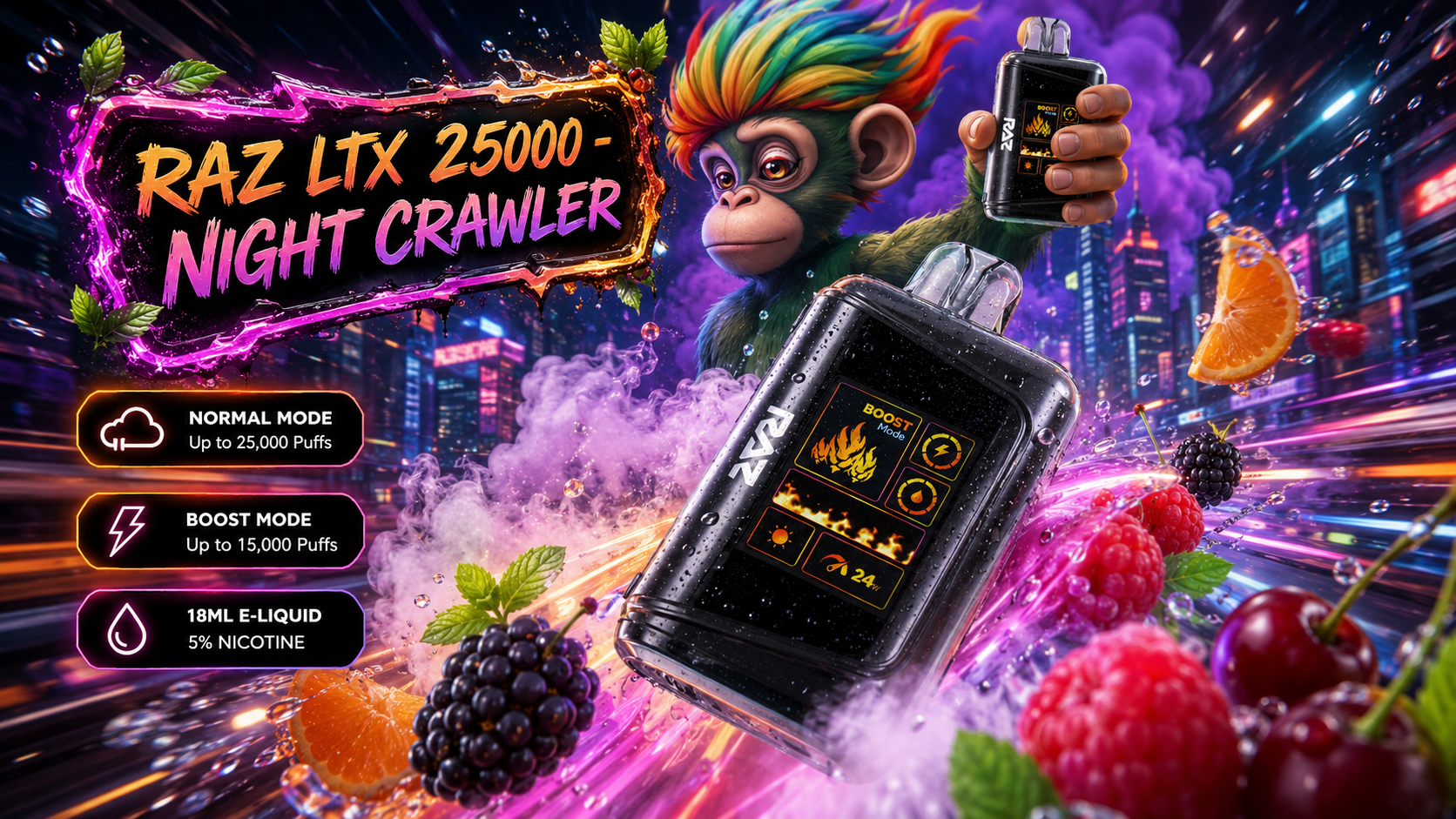 RAZ LTX 25000 Night Crawler Disposable Vape with HD Display and Berry Citrus Artwork RAZ LTX 25000 Night Crawler disposable vape with berries, cherries, citrus, mint leaves, and colorful vapor effects.