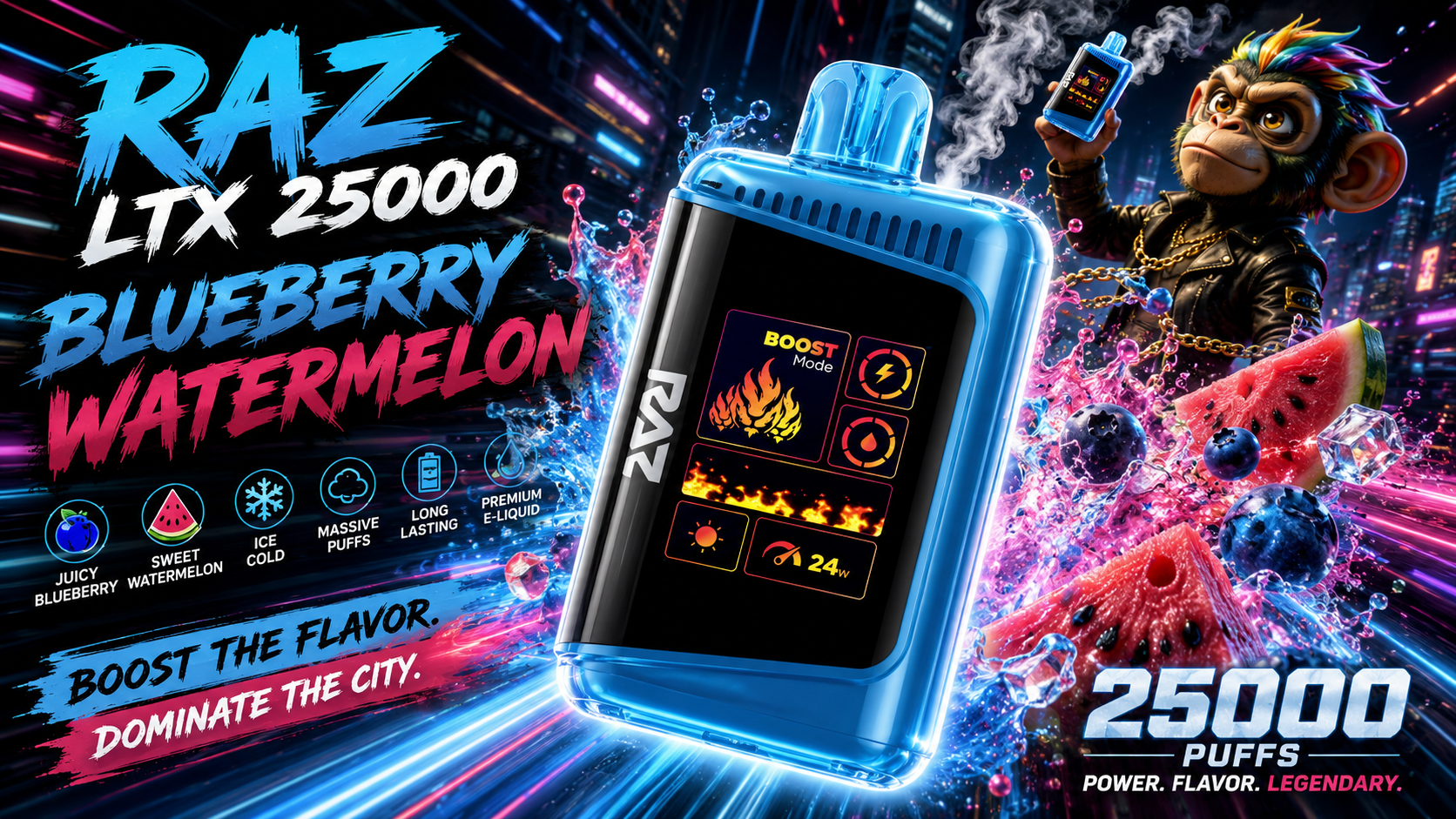 Blue vape device with digital screen, blueberry watermelon flavor theme