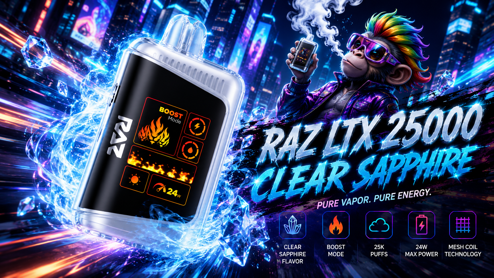 Transparent vape device Clear Sapphire with digital display in neon cityscape