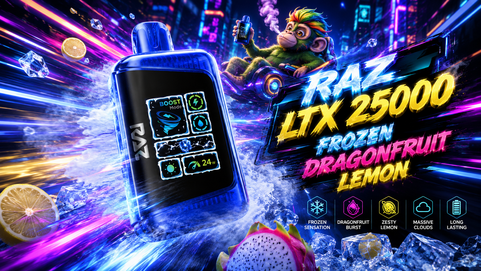 RAZ LTX 25000 vape device with neon boost display and fruity frozen design