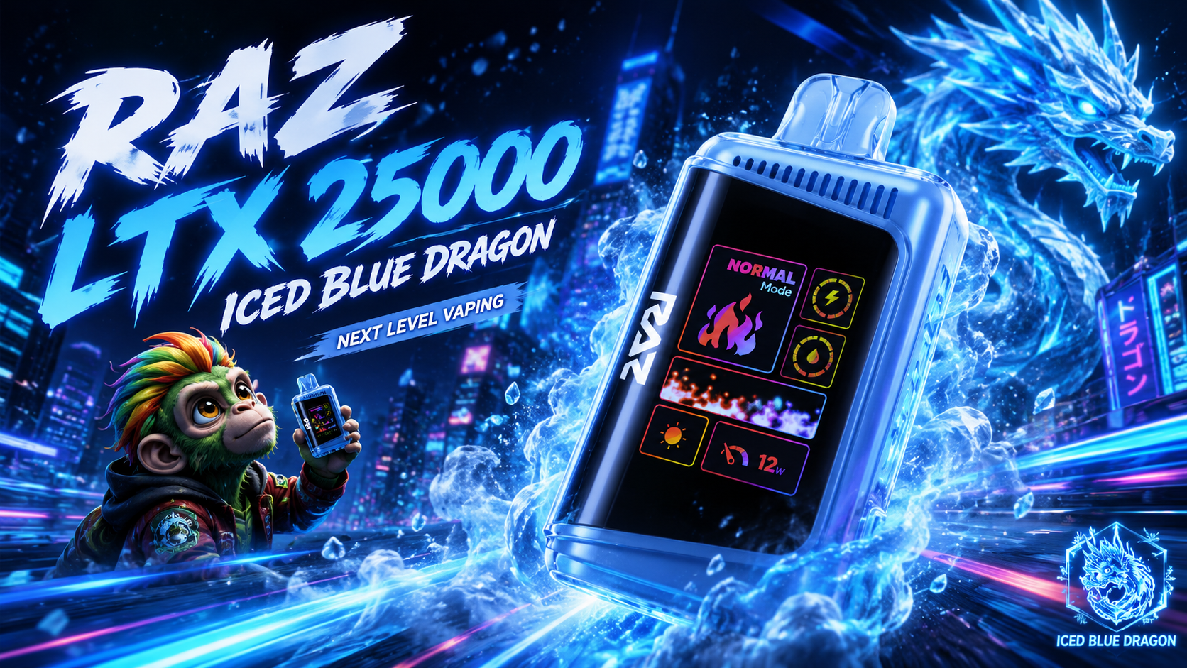 RAZ LTX 25000 vape with digital screen and Iced Blue Dragon design