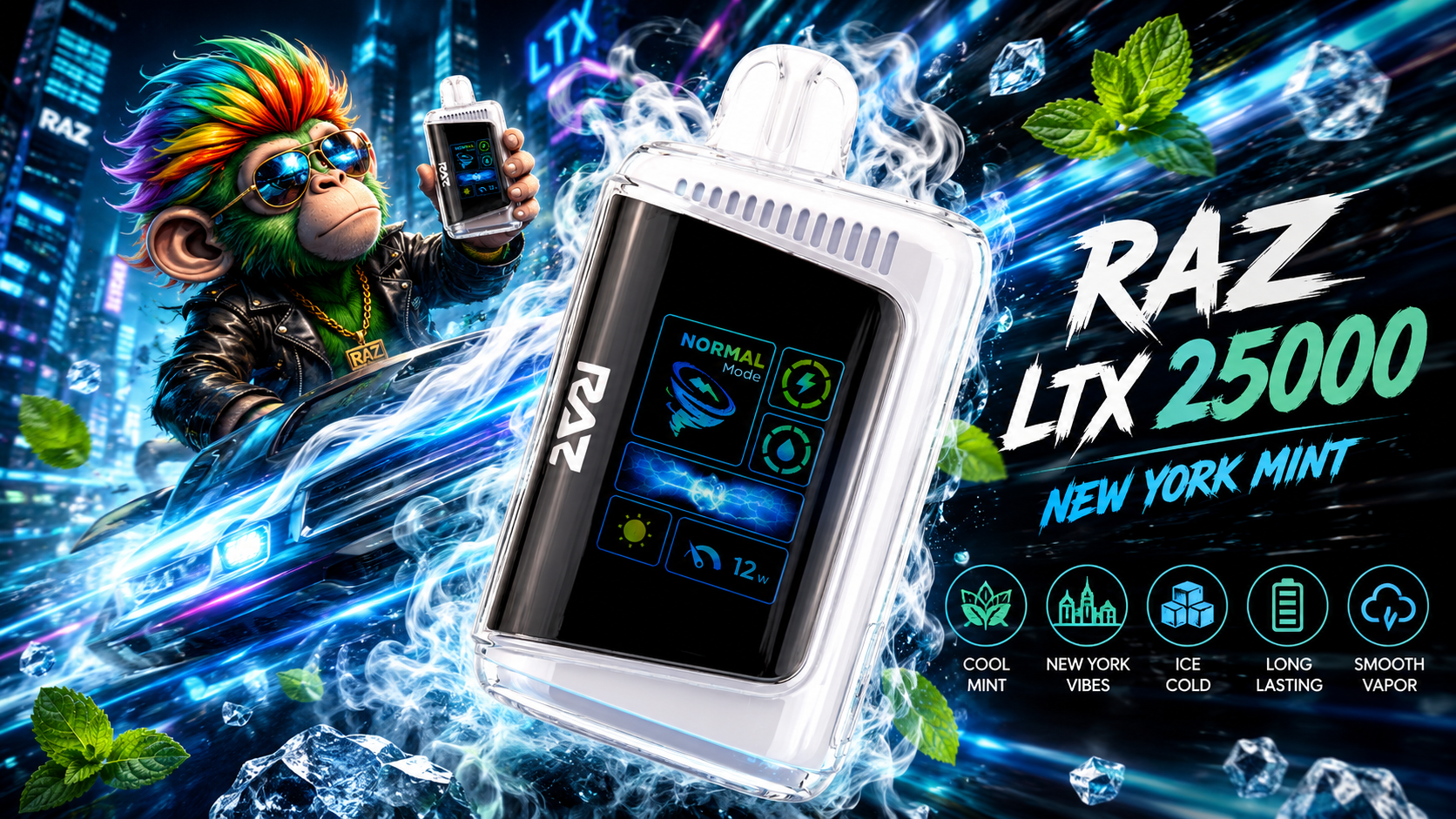 RAZ LTX 25000 New York Mint vape device with digital screen and cool mint design