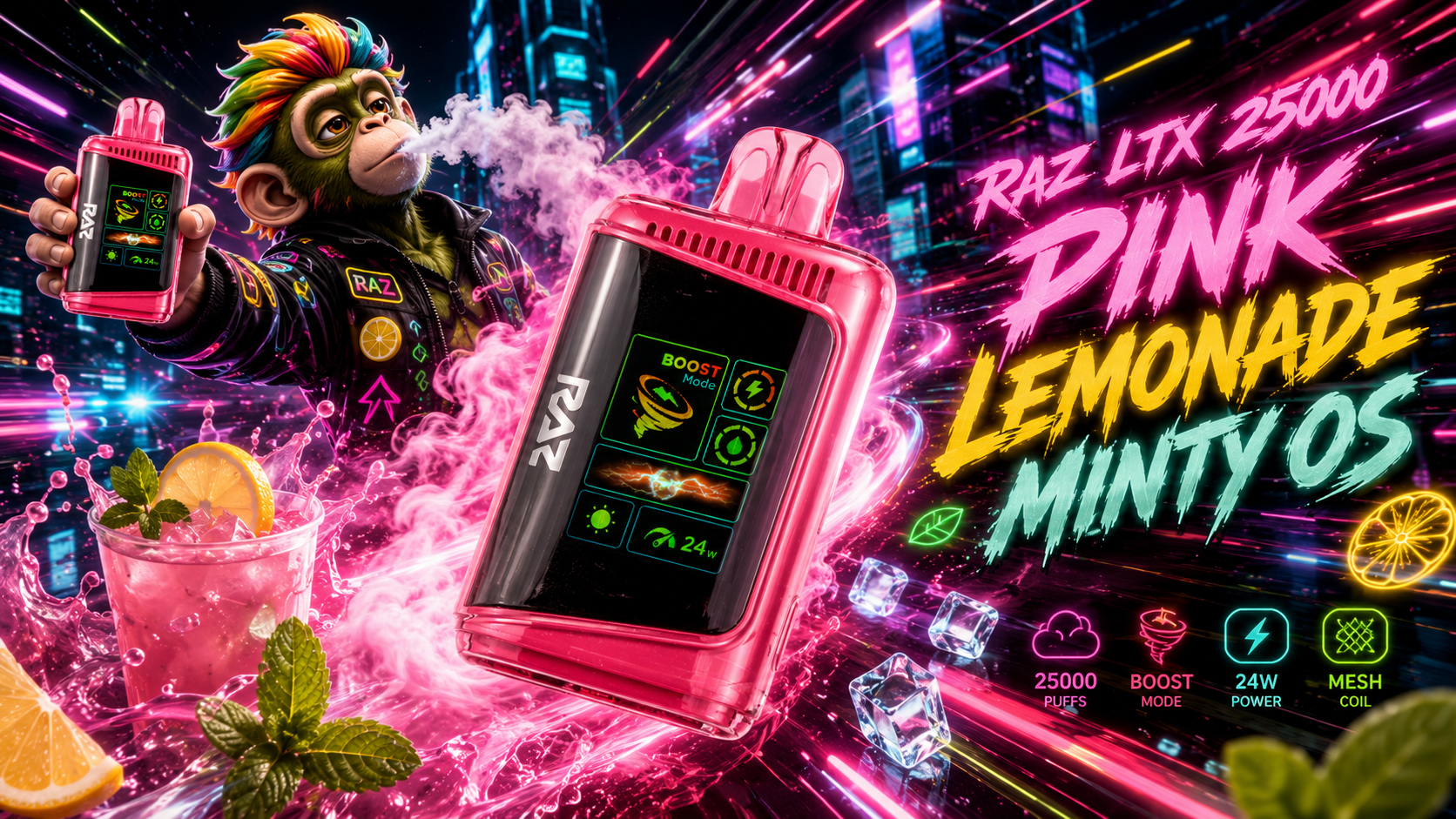 Pink vape device with digital display, neon city background, mint and lemon accents