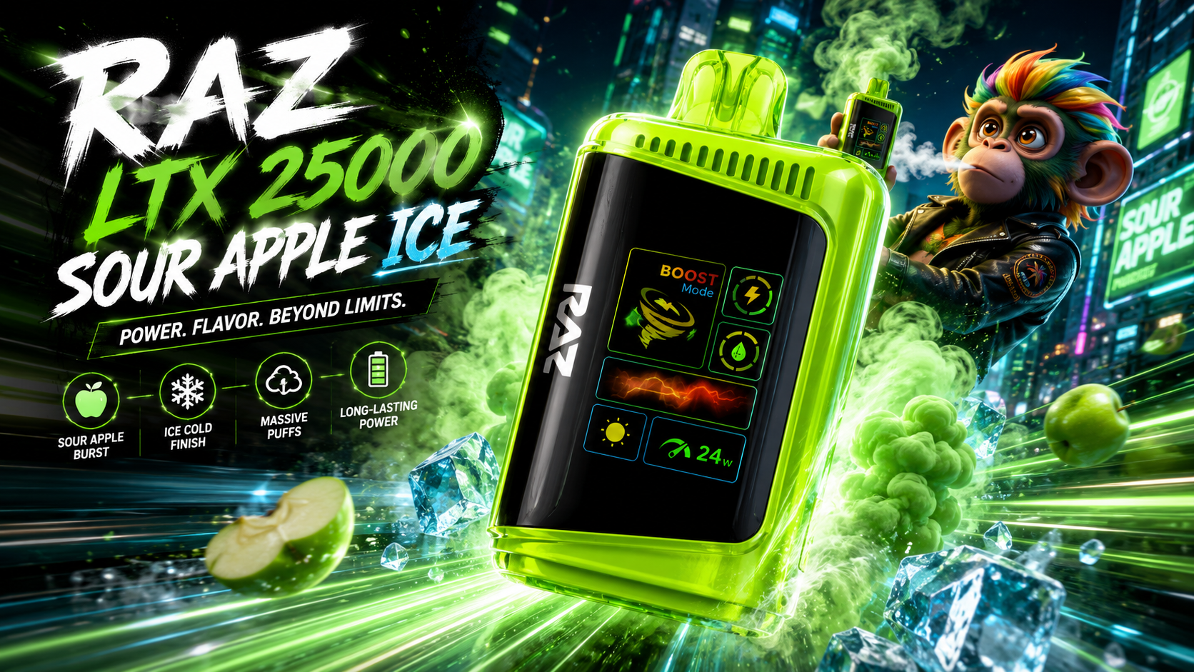 Bright green vape device with digital display, Sour Apple Ice flavor theme