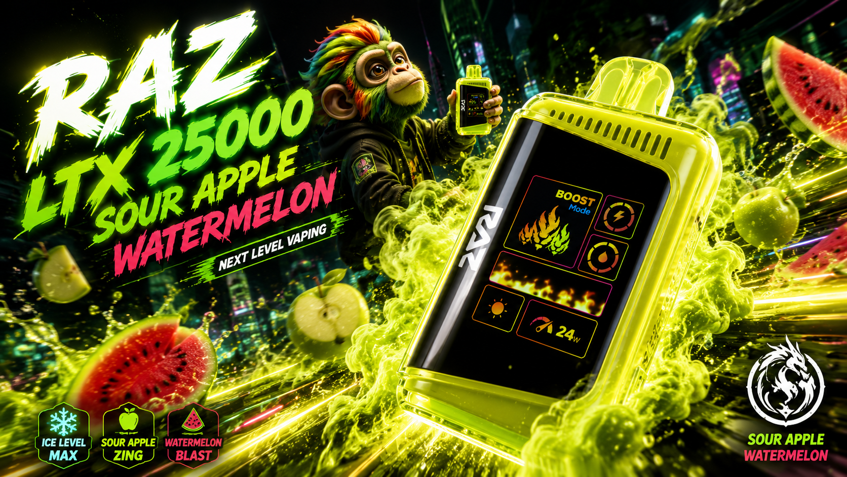 RAZ LTX 25000 vape device with BOOST display in neon city backdrop