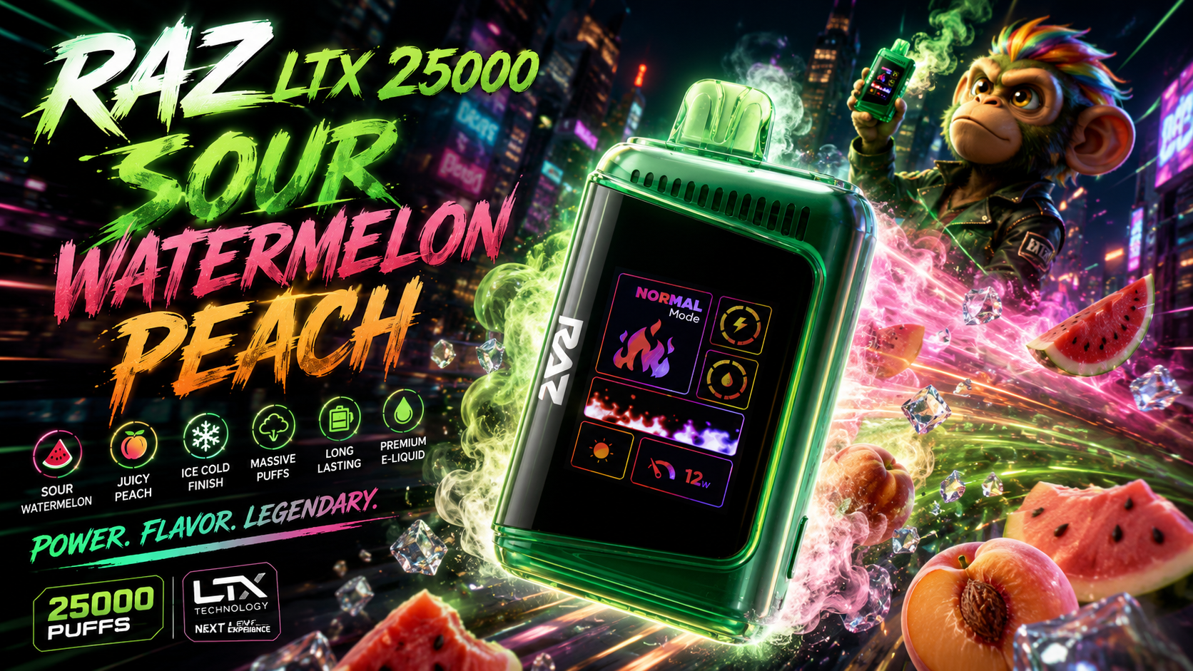 Green RAZ LTX 25000 vape device with digital display, surrounded by neon fruit and vapor effects