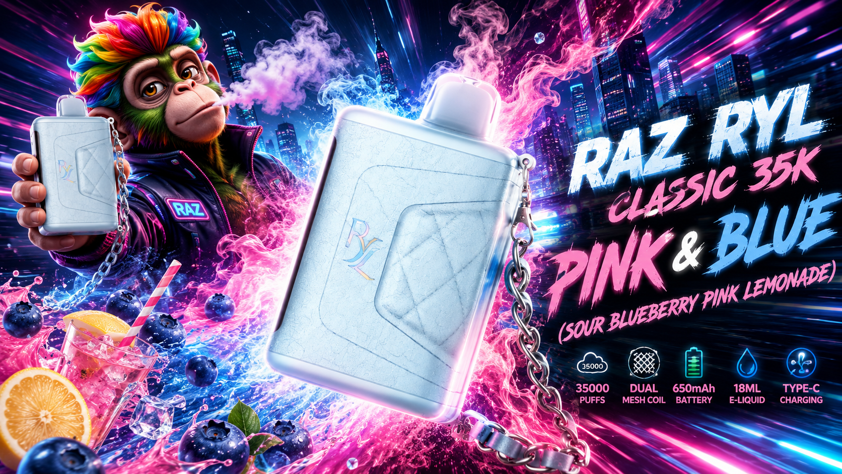 Silver vape device with fruity blueberry lemon theme, neon city background, and pink blue vapor effects