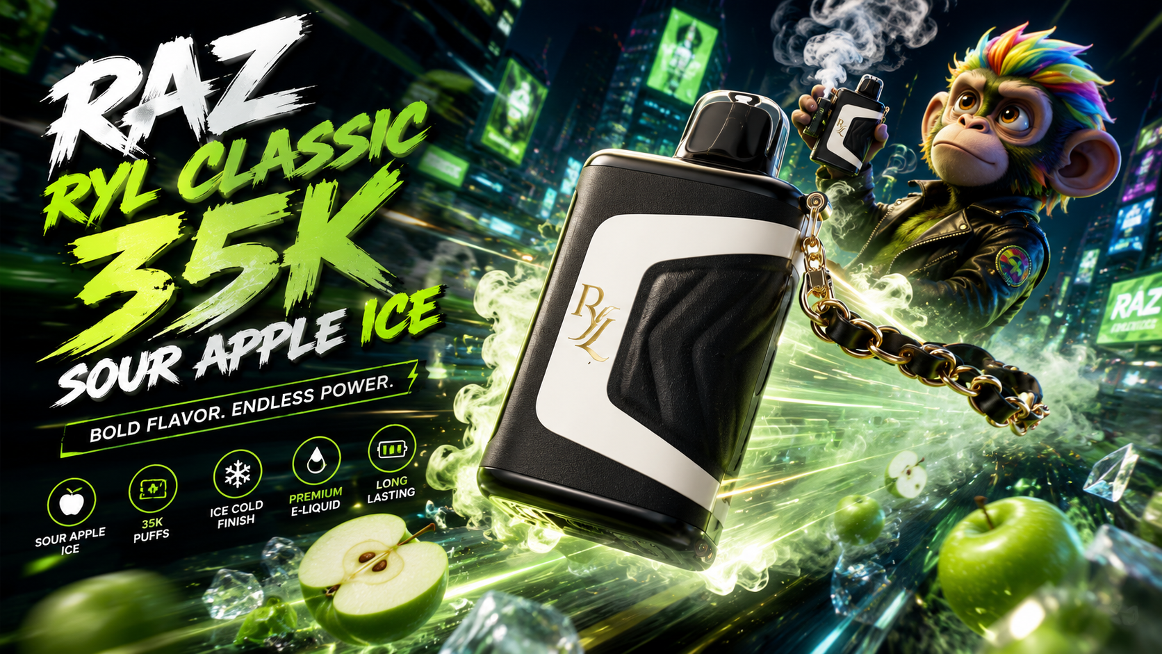 Sleek RAZ RYL Classic vape with Sour Apple Ice flavor and bold design