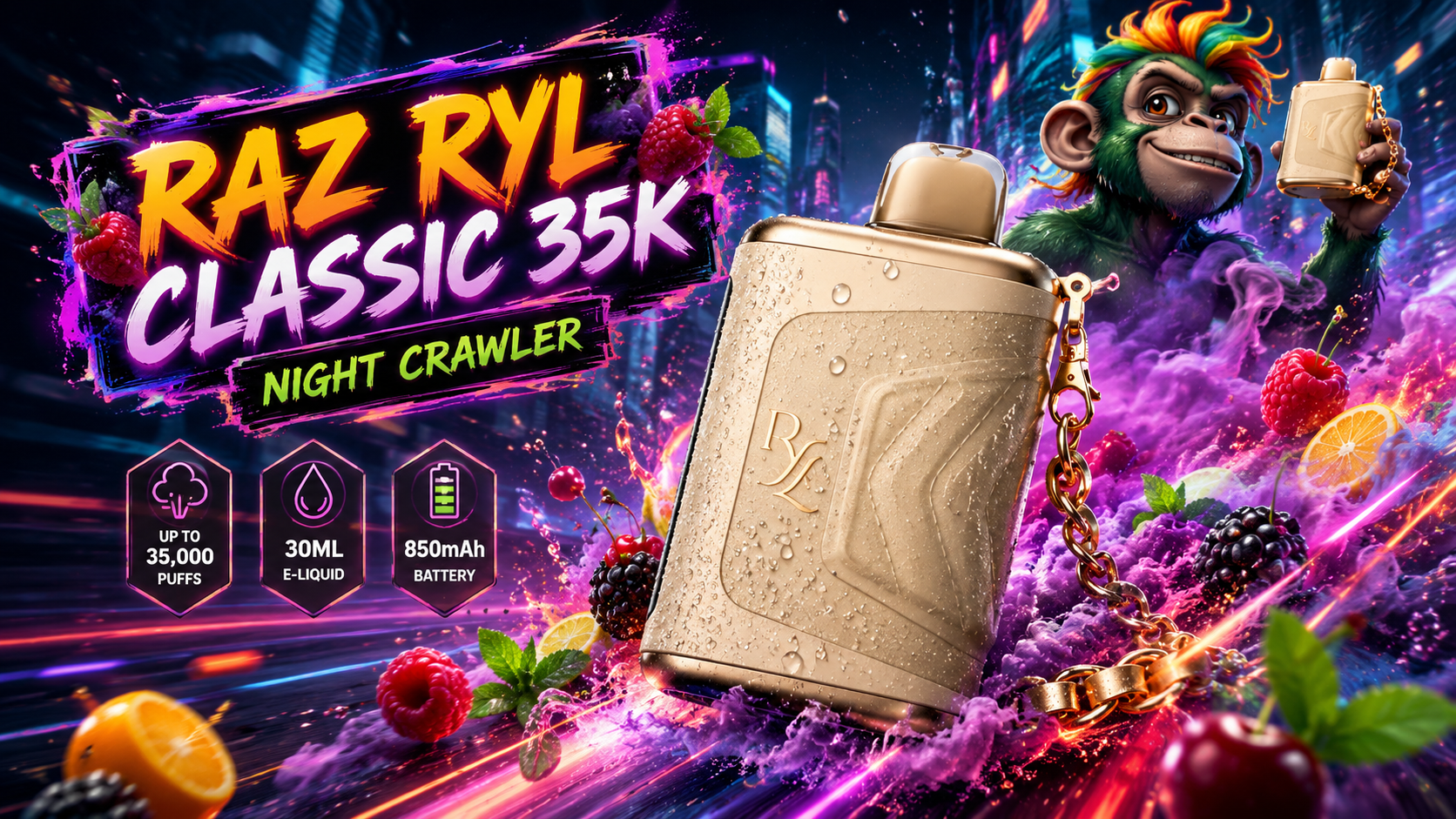 RAZ RYL Classic 35K Night Crawler Disposable Vape with Premium Design and Berry Artwork RAZ RYL Classic 35K Night Crawler disposable vape with berries, citrus, mint leaves, and colorful vapor effects.