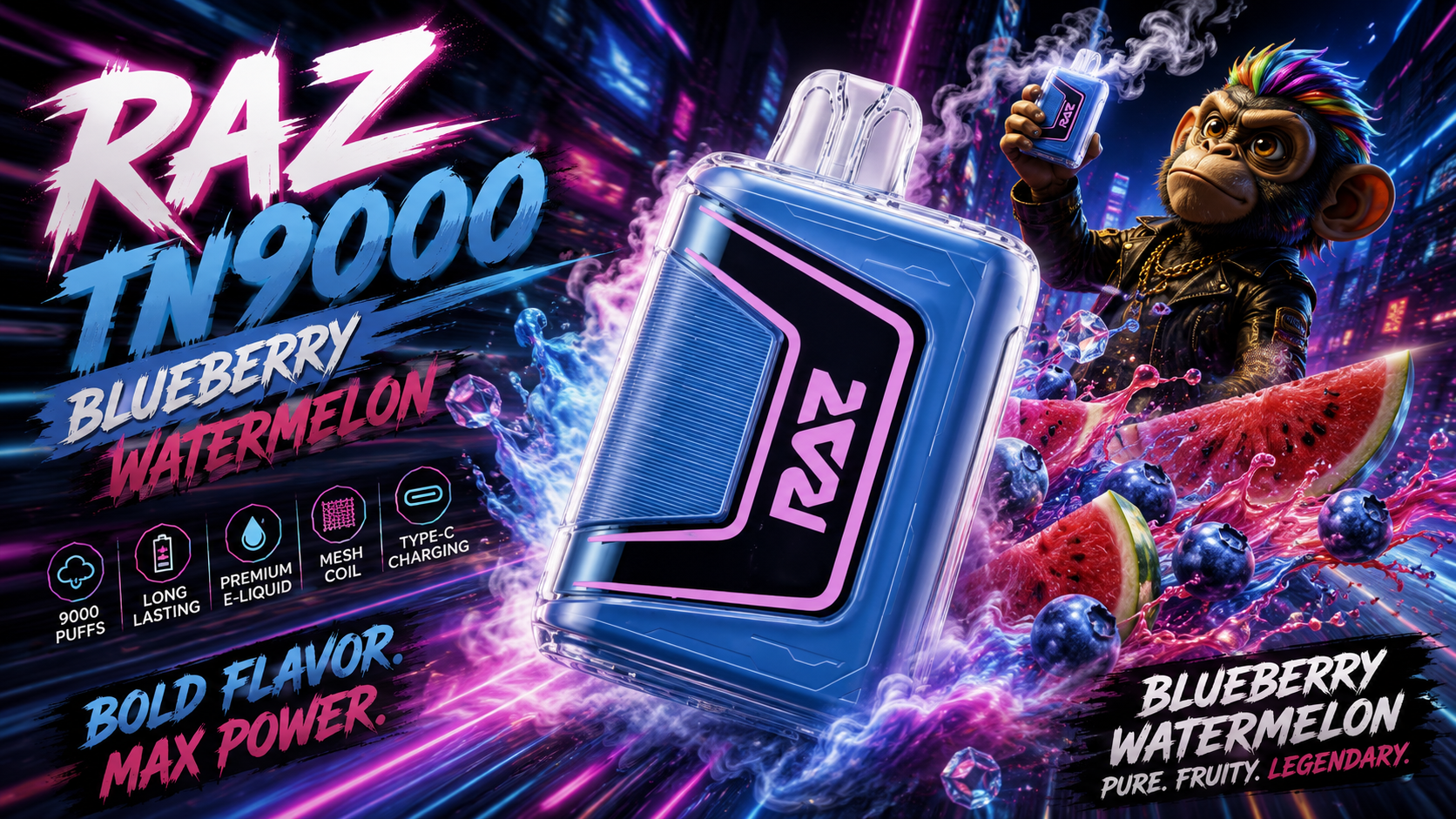 RAZ TN9000 vape device in blue and pink with blueberry watermelon flavor branding