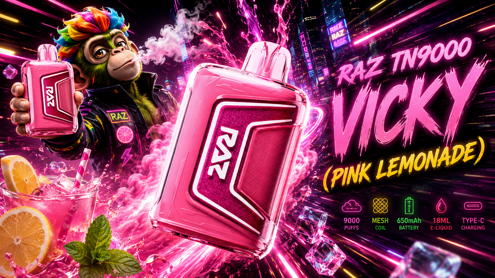 RAZ TN9000 VICKY vape in pink lemonade flavor with neon design