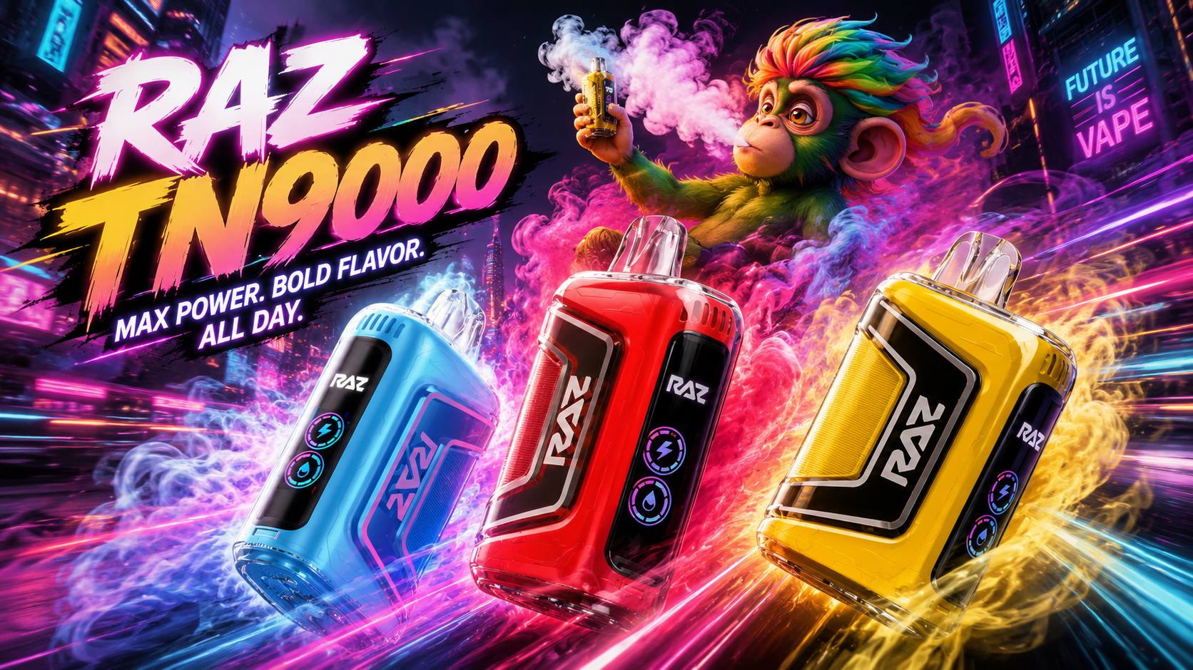 Colorful RAZ TN9000 vape devices with neon city backdrop and stylized monkey mascot