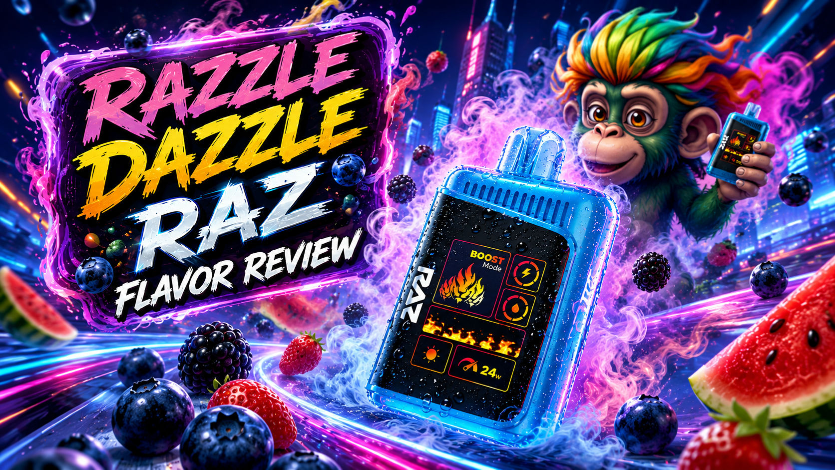 RAZ LTX 25000 Razzle Dazzle Flavor Review with Berry-Themed Disposable Vape RAZ LTX 25000 Razzle Dazzle disposable vape with blueberries, blackberries, watermelon, and colorful vapor effects.