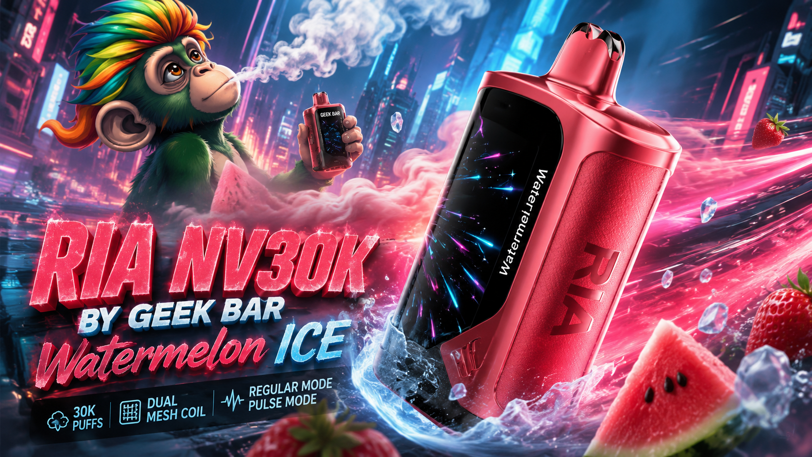 Geek Bar RIA NV30K vape in Watermelon Ice flavor with glowing design