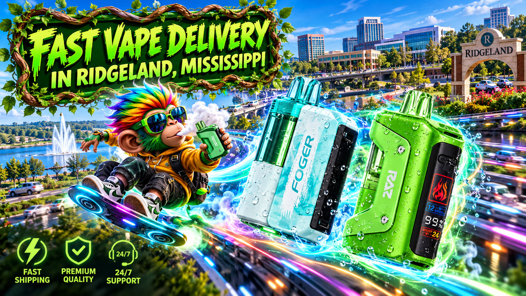 Fast Vape Delivery in Ridgeland, Mississippi – Neon Trails and Lakeside City Views Aqua and green vape devices with sparkling droplets and electric trails soar above Ridgeland's scenic waterfront.