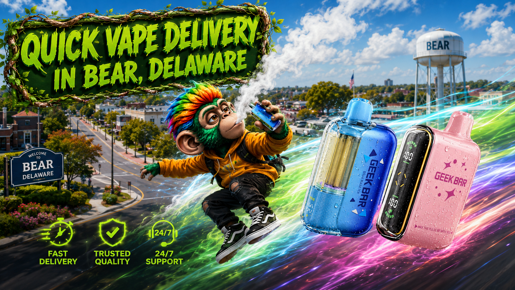 A vibrant promotional banner for Vapor Puffs featuring fast vape delivery in Bear, Delaware. The image showcases colorful Geek Bar disposable vapes with water droplets, a playful vaping character, iconic Bear landmarks, and glowing service icons representing fast delivery, trusted quality, and 24/7 customer support. Ideal for illustrating an online vapor store offering a wide selection of disposable vapes, competitive prices, same-day order shipping, and delivery within 1&ndash;5 business days.