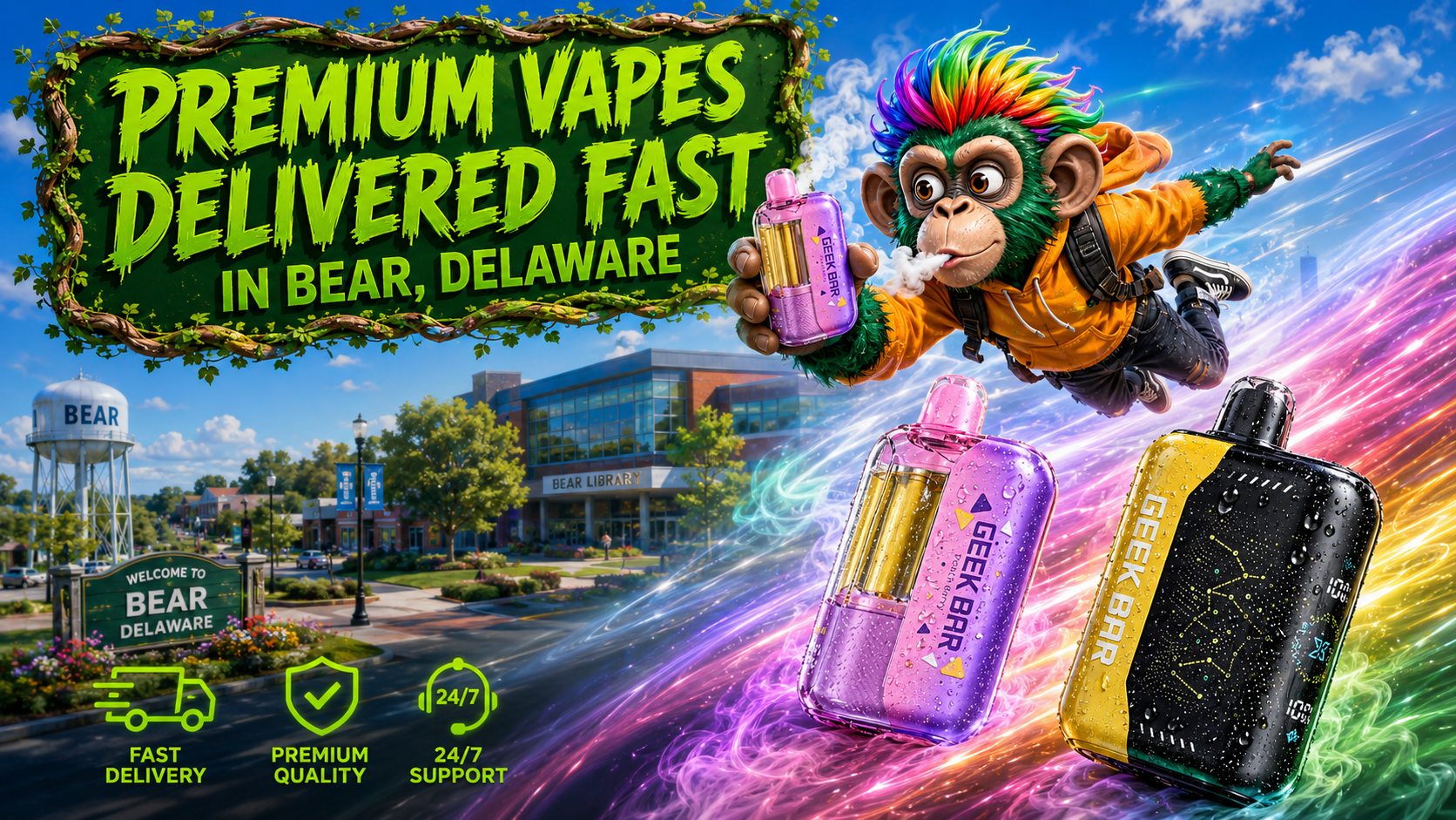 A colorful promotional banner featuring premium Geek Bar disposable vapes with water droplets, a vibrant flying character holding a vape device, and recognizable Bear, Delaware landmarks in the background. Bright energy trails, modern city scenery, and icons for fast delivery, premium quality, and 24/7 support highlight Vapor Puffs' online vape shop, offering authentic disposable vapes, low prices, same-day order shipping, and delivery to Bear, DE within 1&ndash;5 business days.