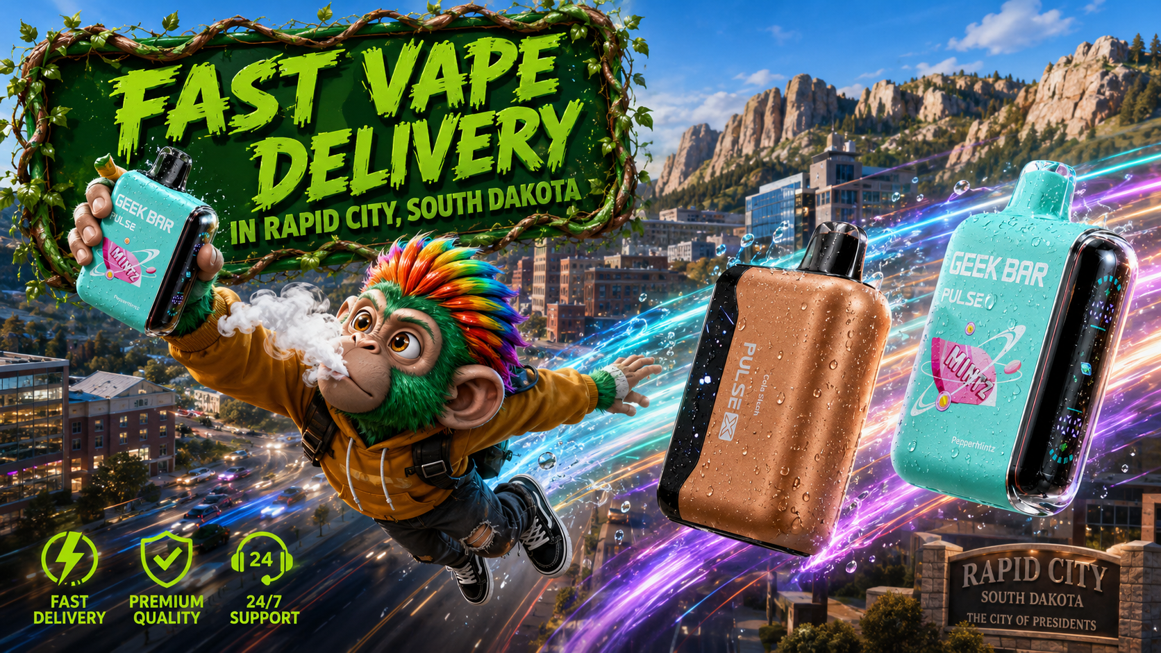 Fast Vape Delivery in Rapid City, South Dakota | Premium Disposable Vapes A vibrant promotional banner for fast vape delivery in Rapid City, South Dakota, featuring premium Geek Bar disposable vapes with realistic water droplets and colorful energy trails racing across the city skyline. A playful flying mascot holds a vape device in front of a bold green vine-framed "Fast Vape Delivery" sign, while iconic Rapid City landmarks and the Black Hills create a striking background. Service icons highlight fast delivery, premium quality, and 24/7 support, emphasizing a modern online vape shop with a wide selection of disposable vapes.