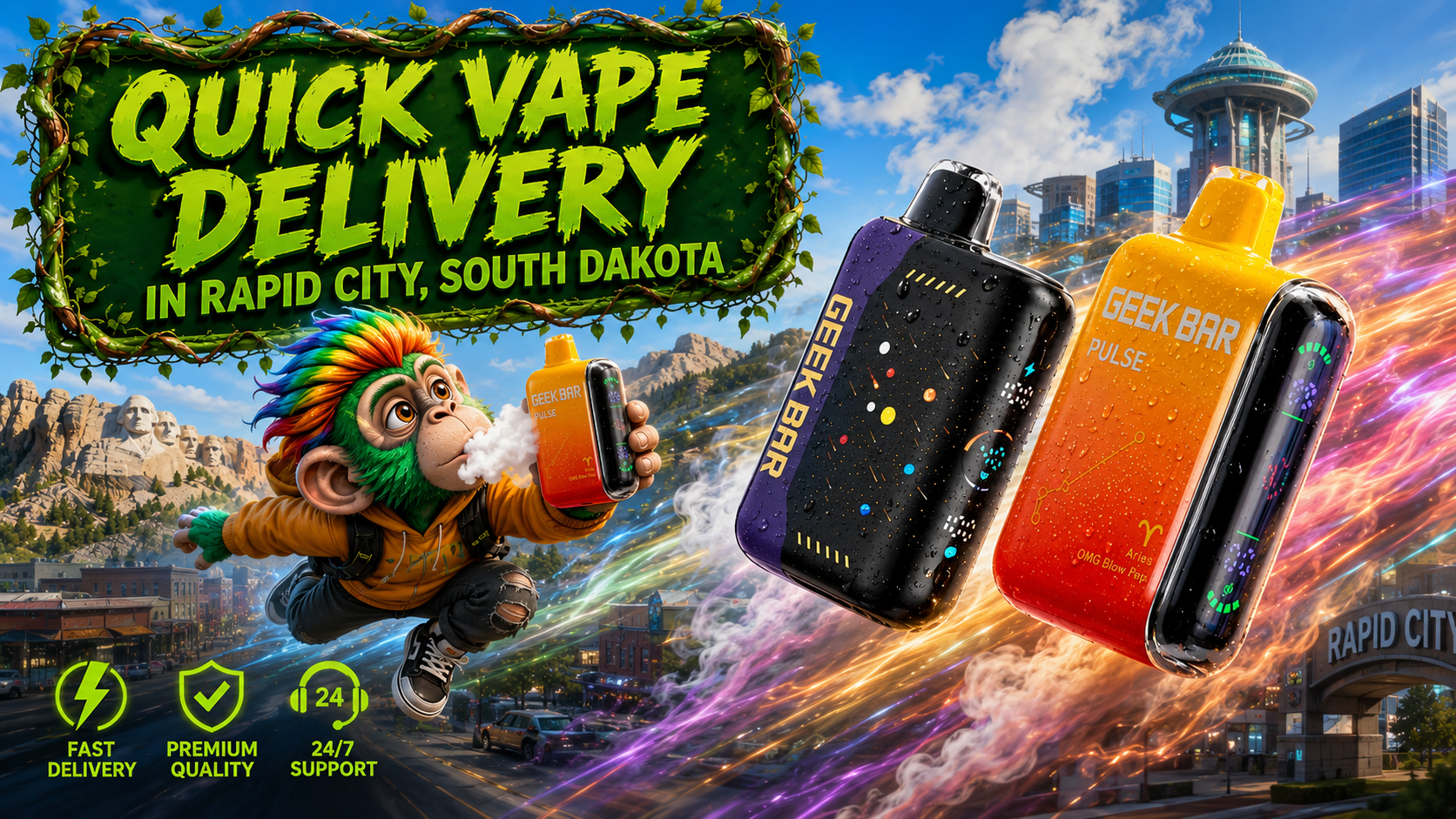 Quick Vape Delivery in Rapid City, South Dakota | Disposable Vapes Online An eye-catching promotional banner showcasing quick vape delivery in Rapid City, South Dakota, featuring colorful Geek Bar Pulse disposable vapes with realistic water droplets and glowing energy trails racing through the city. A cheerful flying mascot holds a vape device in front of a bold green vine-framed "Quick Vape Delivery" sign, while Mount Rushmore, the Rapid City skyline, and futuristic elements create a dynamic background. Service icons emphasize fast delivery, premium quality, and 24/7 support, highlighting a trusted online vape shop with a wide selection of authentic disposable vapes.