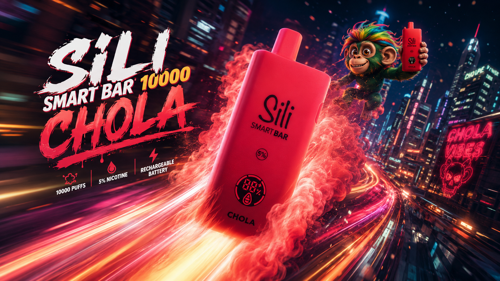 Red vape device with digital display labeled Sili Smart Bar CHOLA