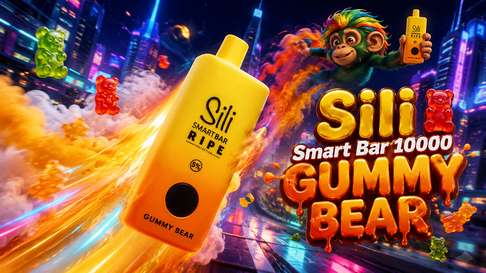 Bright yellow Sili Smart Bar vape with gummy bear flavor, shown with colorful candy and neon city backdrop