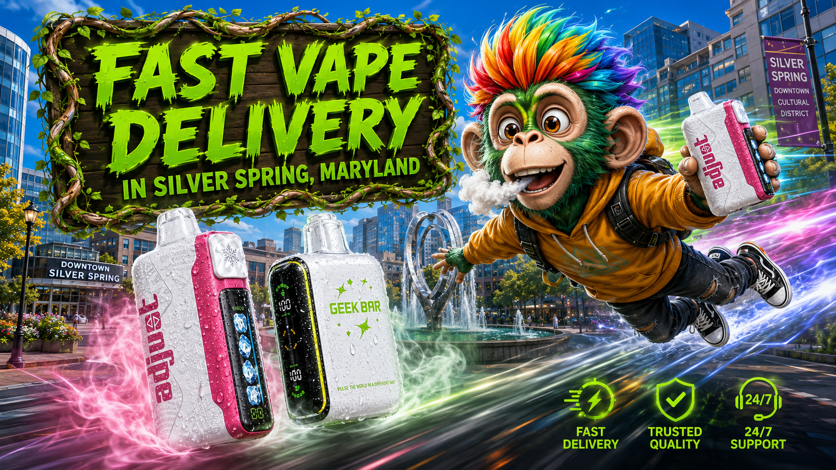 A colorful promotional banner showcasing fast vape delivery in Silver Spring, Maryland. Two modern disposable vapes with water droplets speed through a futuristic cityscape alongside a vibrant flying mascot, while recognizable Silver Spring landmarks appear in the background. The design highlights Vapor Puffs' wide selection, trusted quality, and convenient vape delivery service with same-day shipping and delivery in 1&ndash;5 business days.