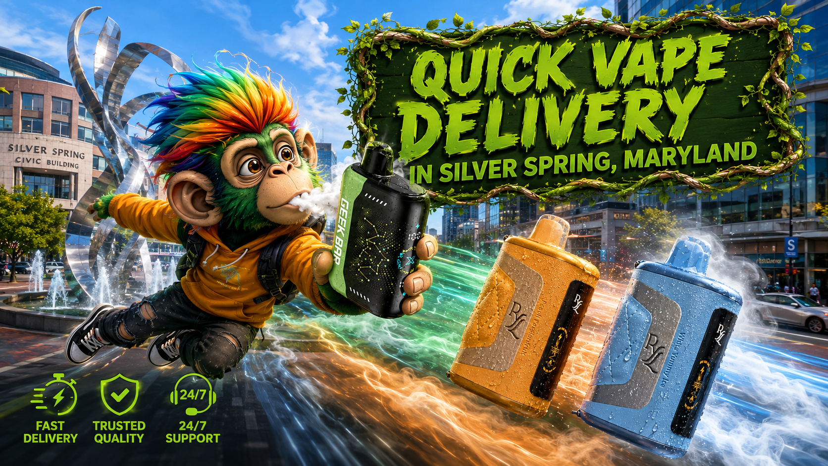 A vibrant promotional banner featuring quick vape delivery in Silver Spring, Maryland with premium disposable vapes from leading brands. A colorful flying mascot holds a Geek Bar device while futuristic disposable vapes race through the city with dynamic energy trails, water droplets, and recognizable Silver Spring landmarks in the background. The artwork highlights Vapor Puffs' extensive selection, competitive prices, trusted quality, same-day shipping, and delivery within 1&ndash;5 business days.