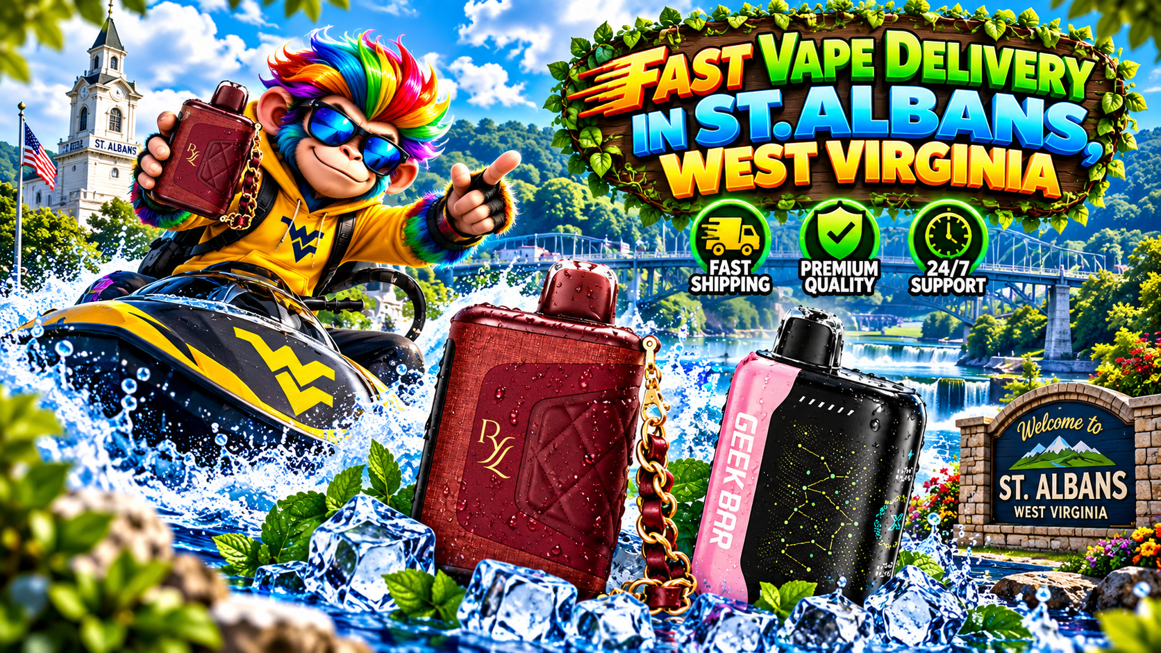 Stylish vape devices with water droplets and ice effects against a bright St. Albans riverside landscape.
