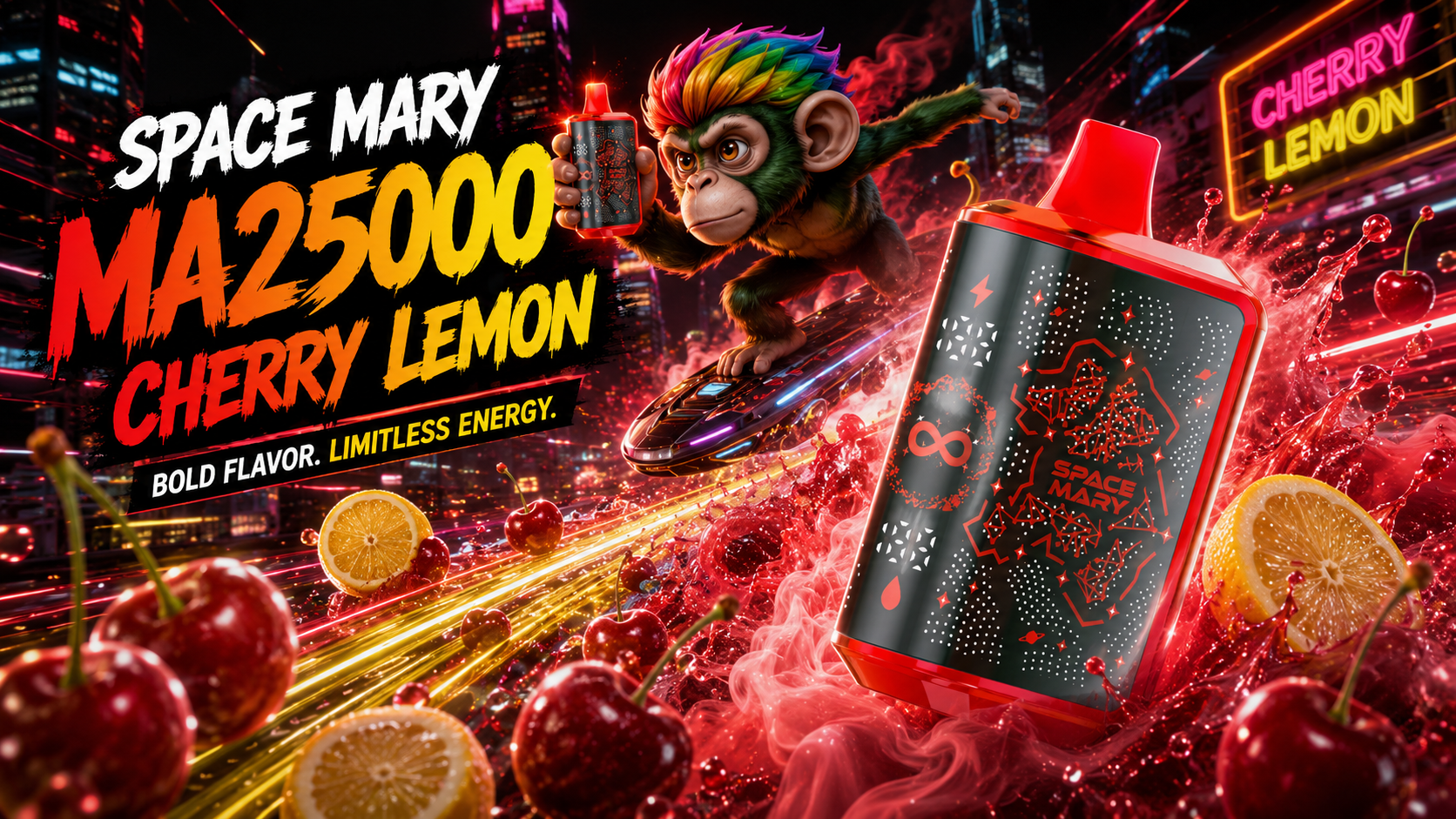 Black and red SPACE MARY device with cherry lemon flavor branding