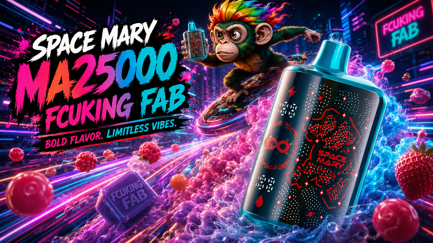 Futuristic vape device with bold neon design and fruit accents