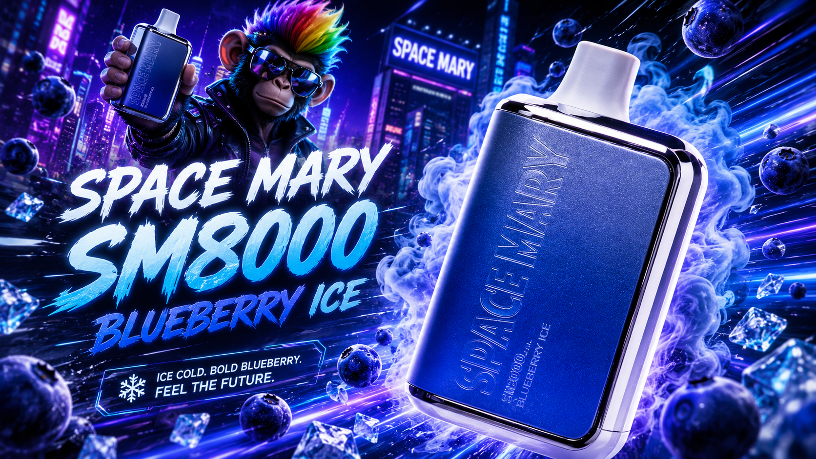 Sleek SPACE MARY SM8000 device with blueberry ice theme