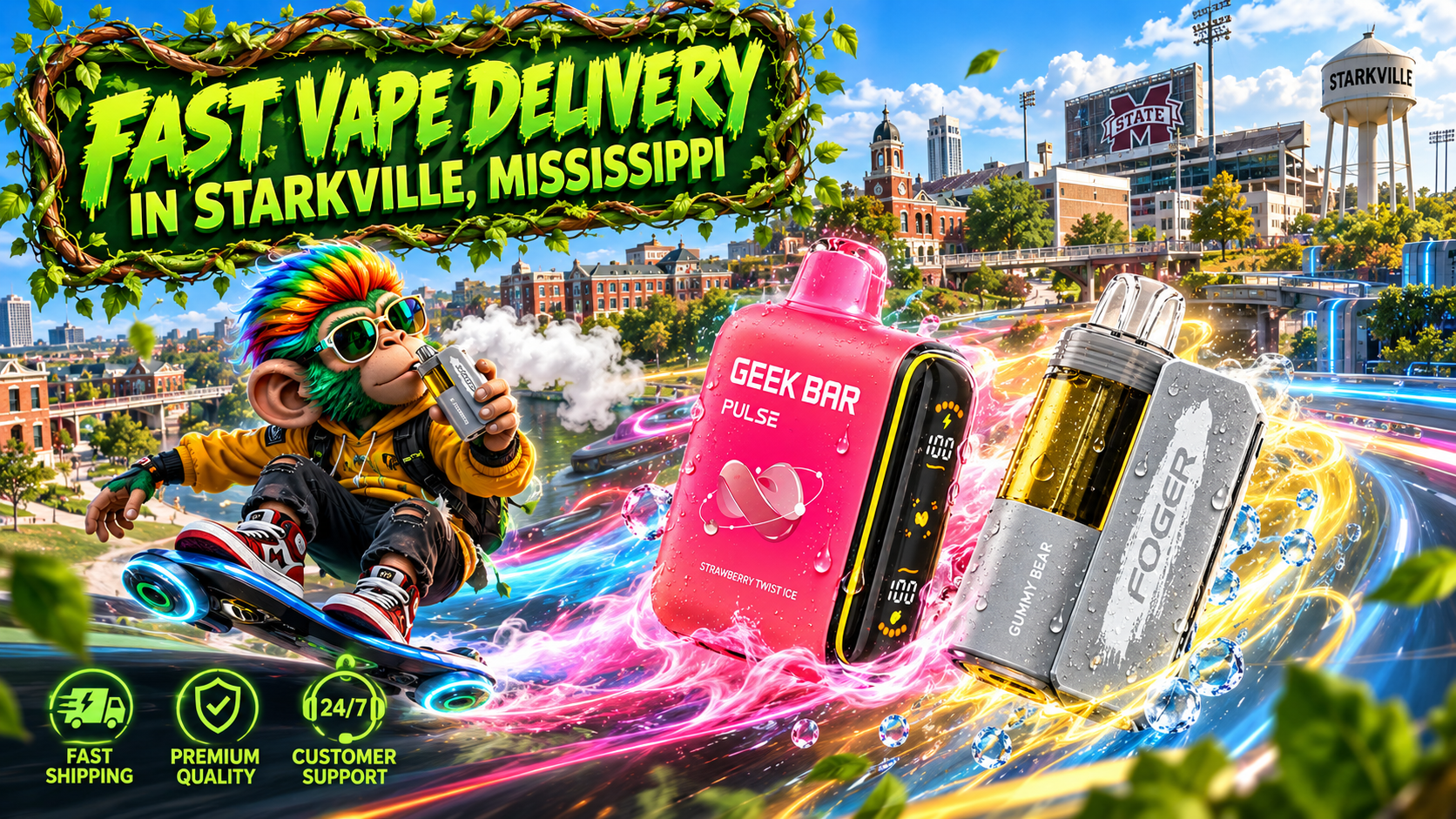 Fast Vape Delivery in Starkville, Mississippi – Neon Speed Trails and City Landmarks Pink and silver vape devices with sparkling droplets and colorful energy streams race through Starkville's futuristic streets.