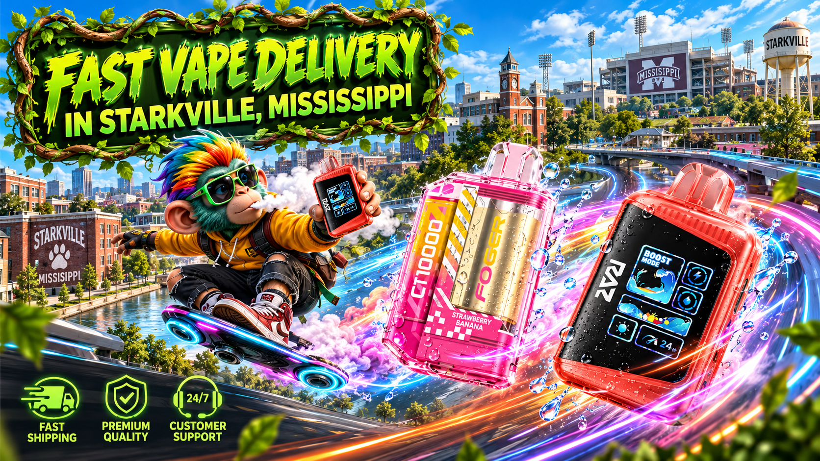 Fast Vape Delivery in Starkville, Mississippi – Futuristic Cityscape with Colorful Energy Trails Pink and red vape devices with crystal droplets and luminous speed trails soar past Starkville's stadium and city landmarks.
