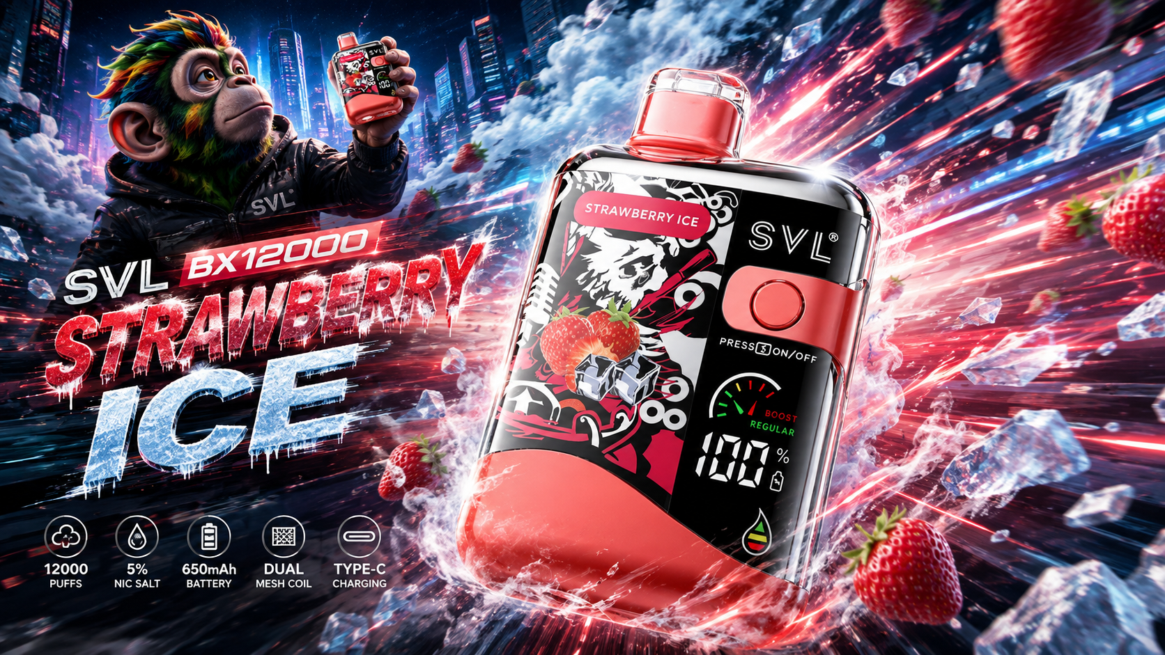 SVL BX12000 vape device with digital display and strawberry ice theme