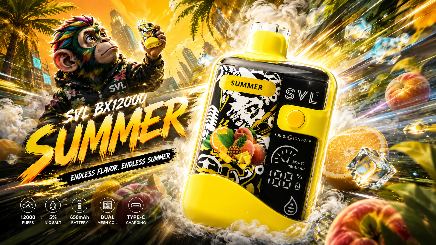 Yellow and black SVL BX12000 vape device with digital display and fruity summer design