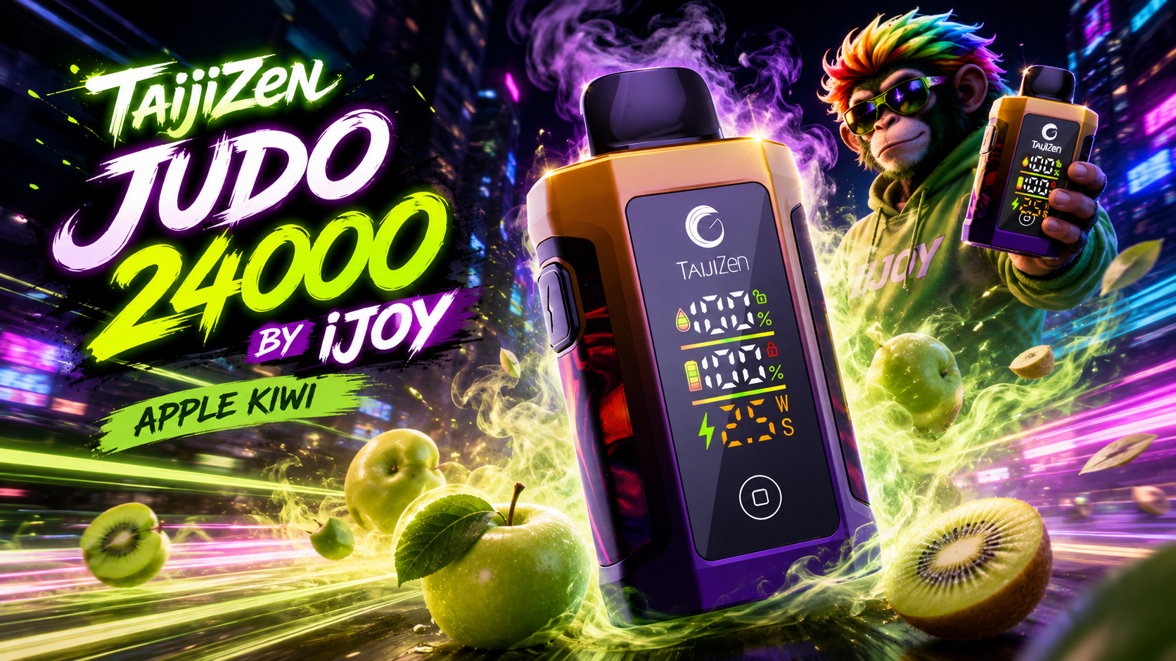 TaijiZen Judo 24000 vape device with Apple Kiwi flavor, digital display, and vibrant neon city background