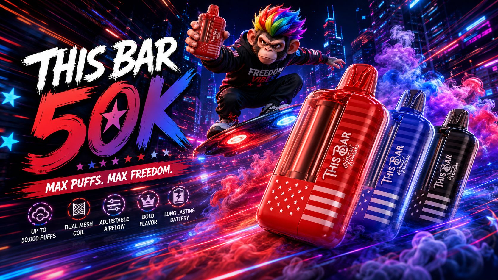 Green vape device with sleek design and bold branding in a dynamic neon city scene